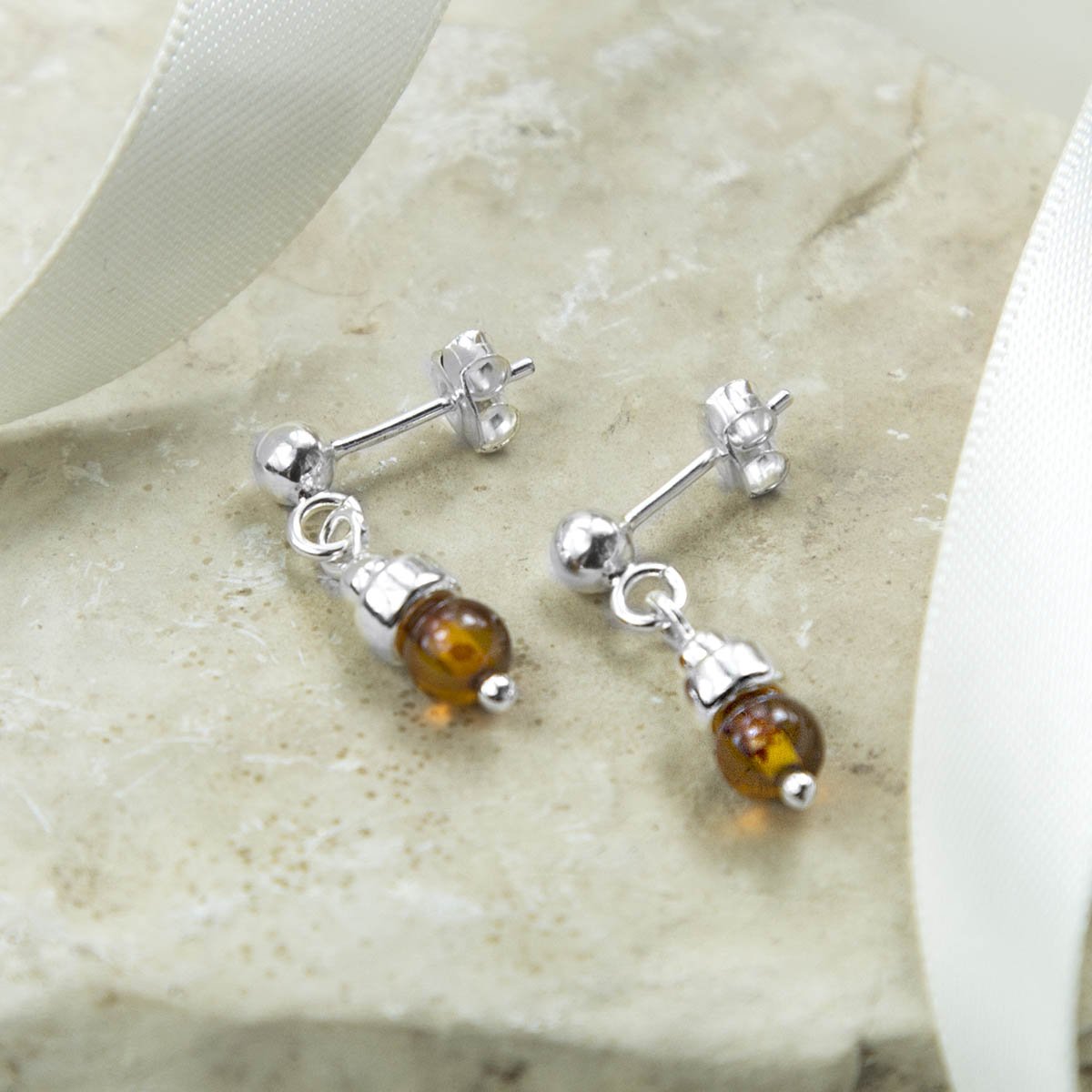 Sterling Silver Amber Petite Stud Drop Earrings