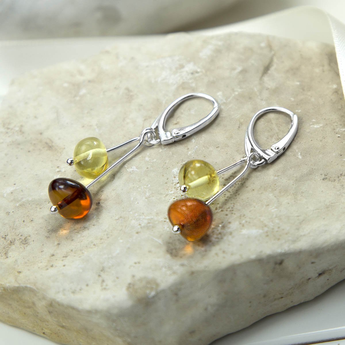 Sterling Silver Amber Drop Bar Earrings