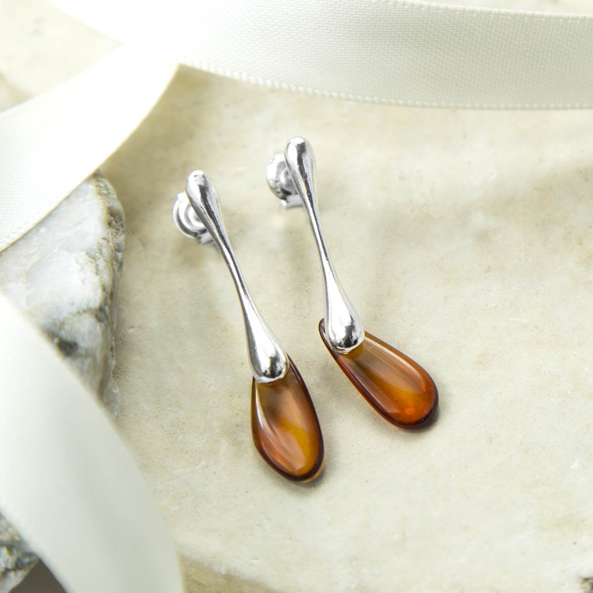 Sterling Silver Essential Amber Teardrop Studs