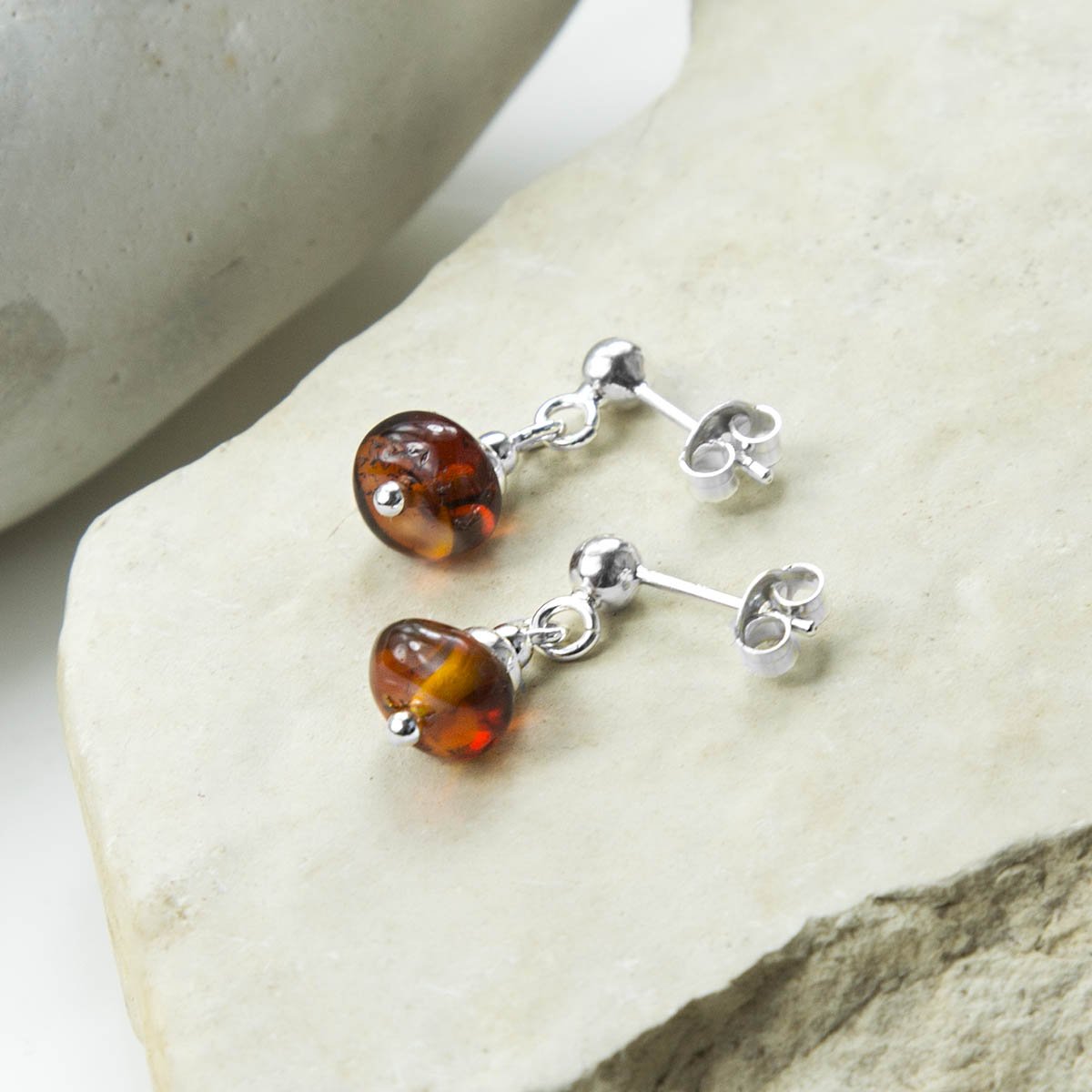 Sterling Silver Delicate Toffee Amber Drop Studs