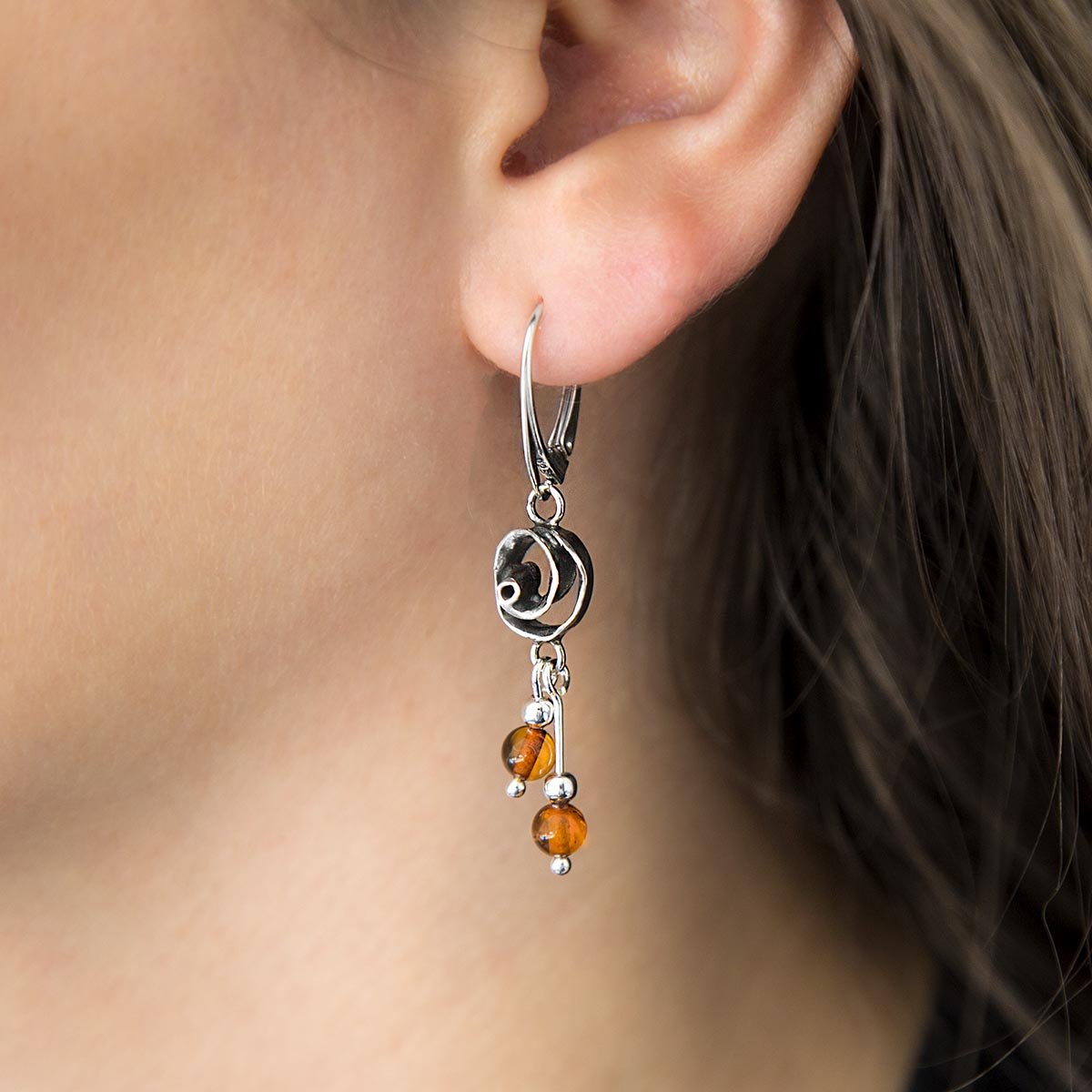 Sterling Silver Amber Rose Drop Earrings
