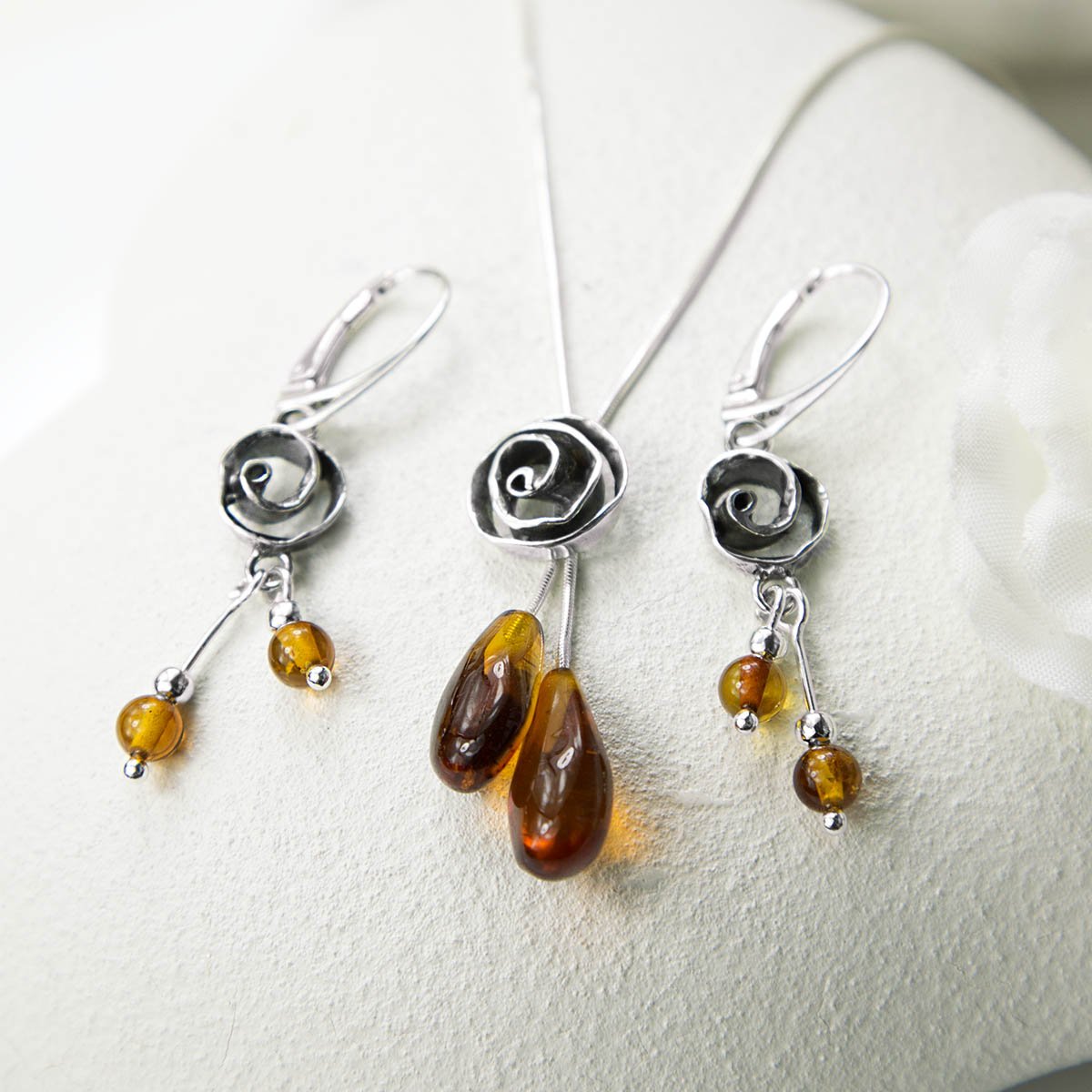 Sterling Silver Amber Rose Drop Earrings