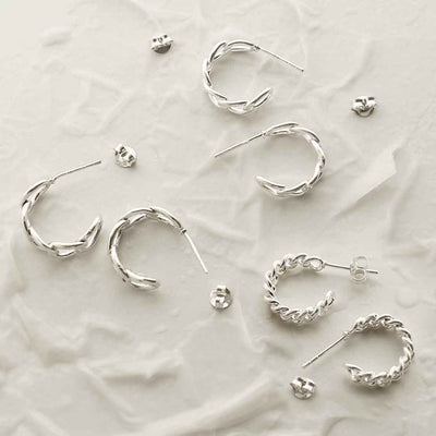 MG003 STERLING SILVER CURB HOOP STUD EARRINGS GROUP SHOT