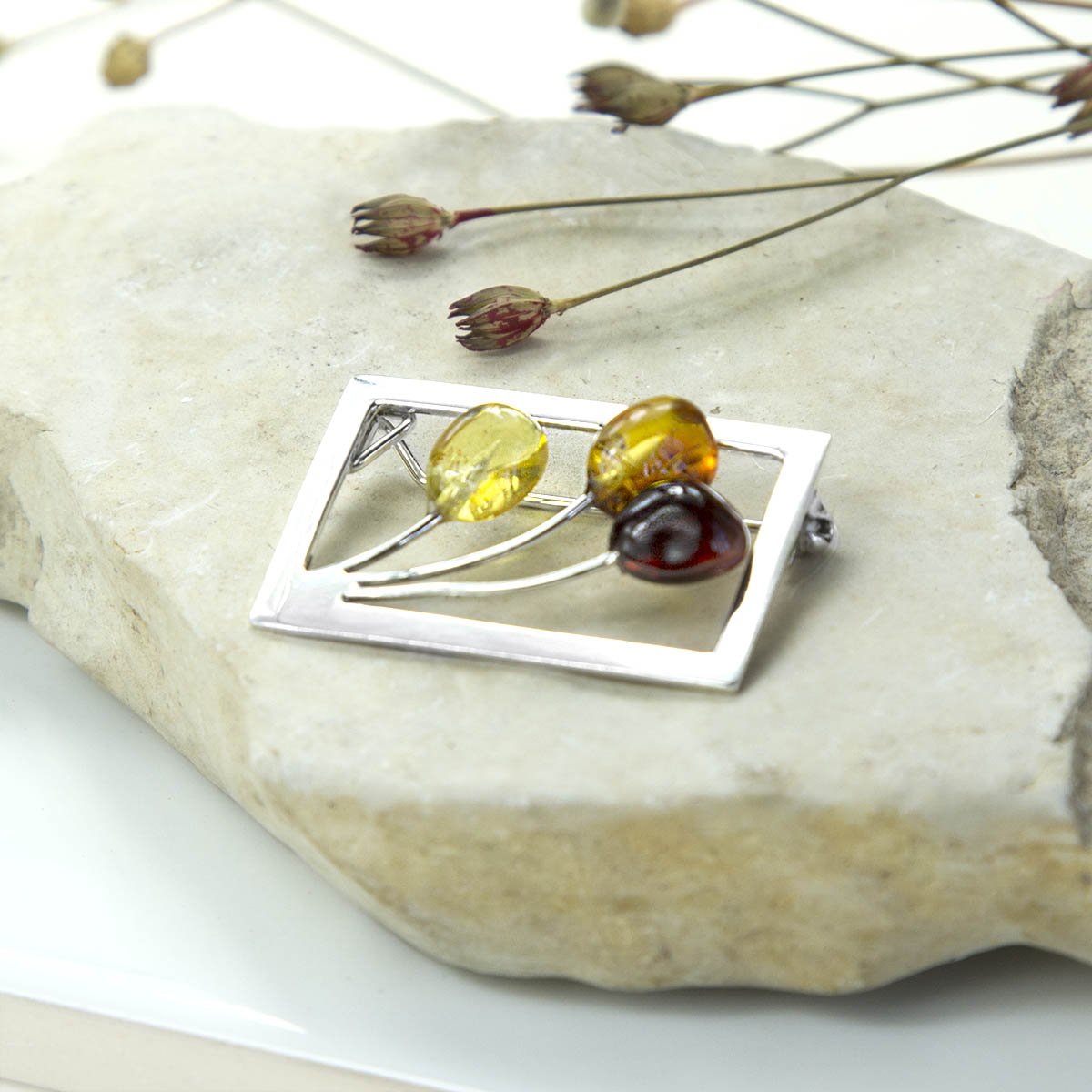 Sterling Silver Amber Art Deco Brooch