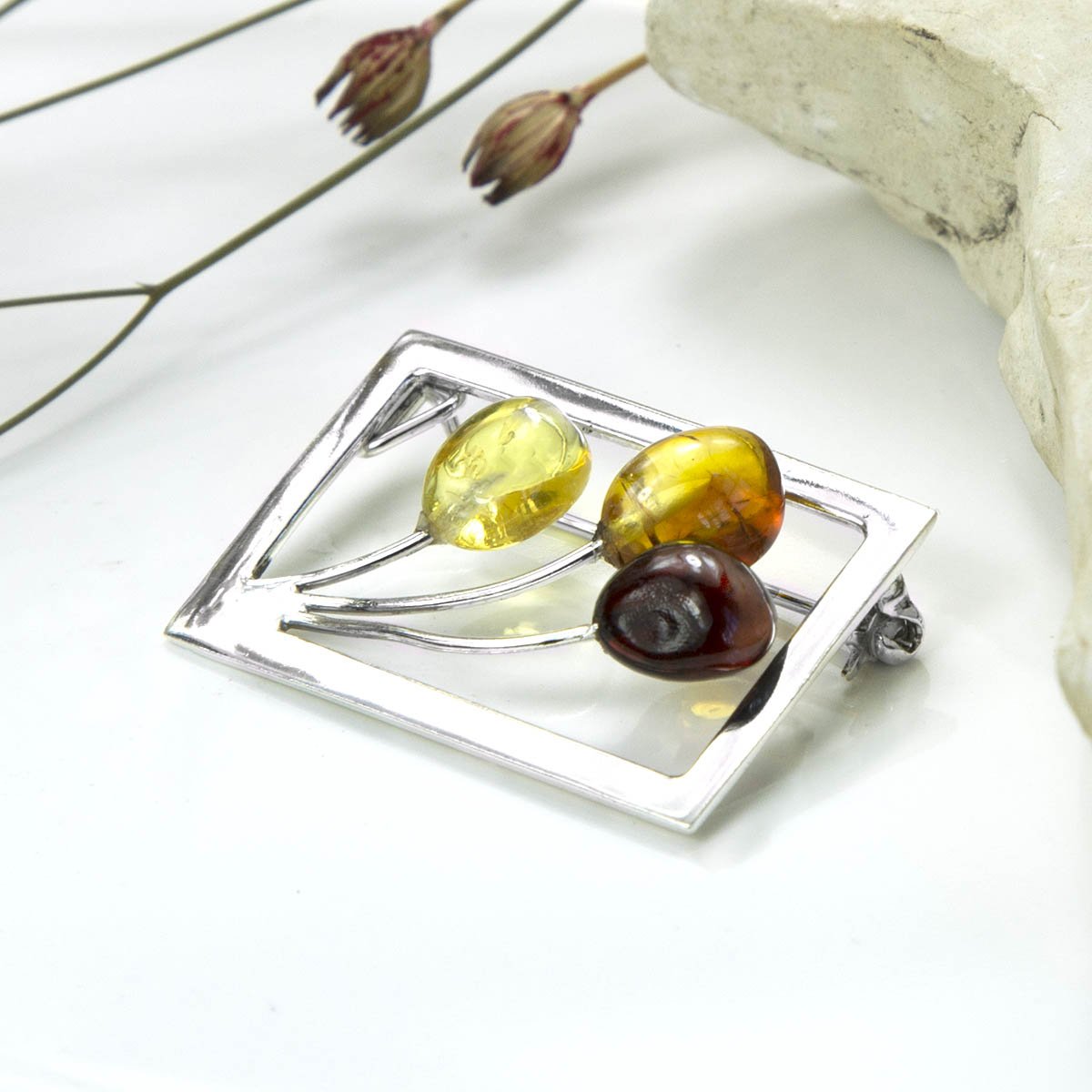 Sterling Silver Amber Art Deco Brooch
