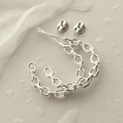 MG013 STERLING SILVER SIMPLE CHAIN HOOP STUD EARRINGS 2
