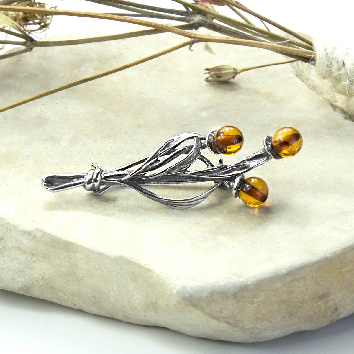Sterling  Silver and Amber Organic Brooch