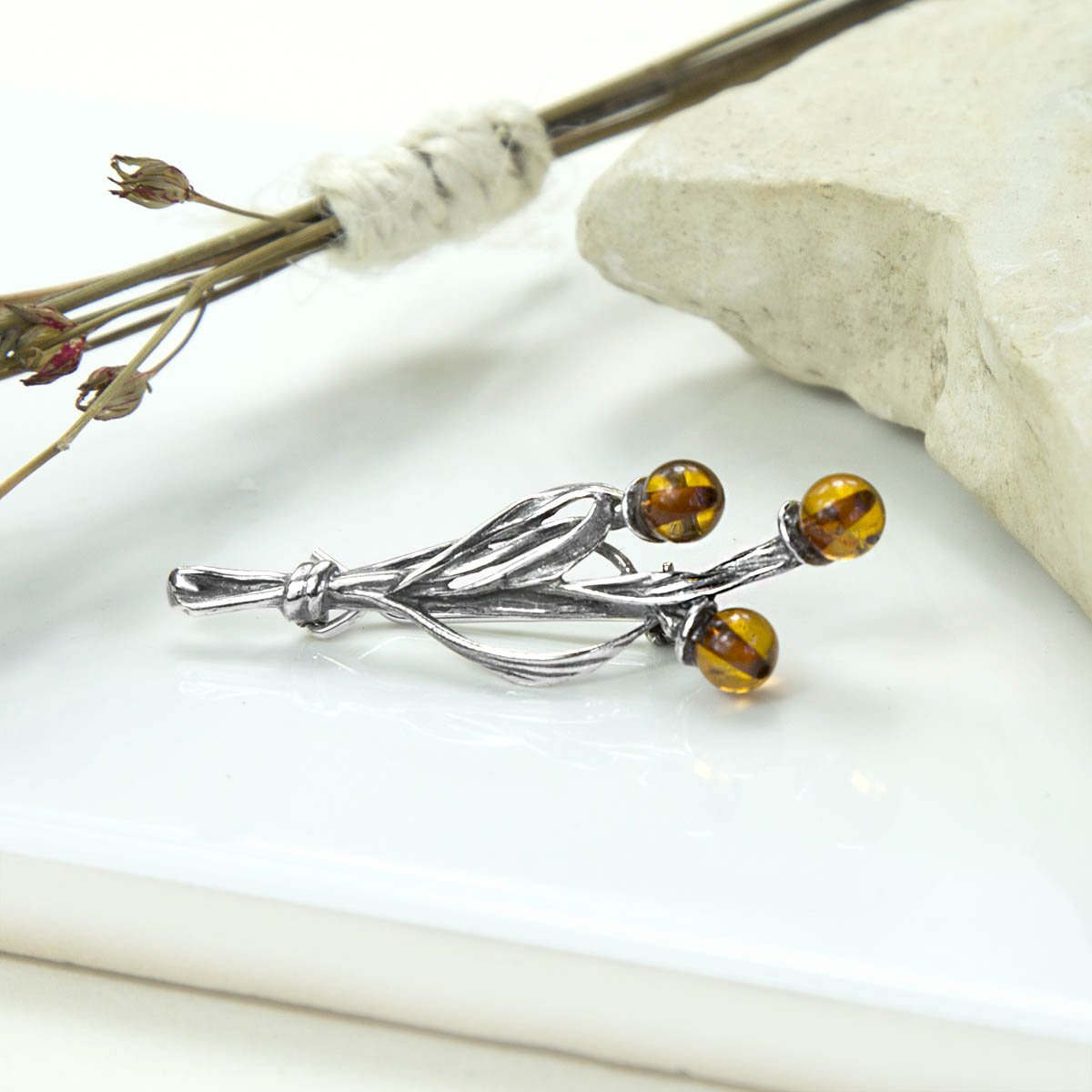 Sterling  Silver and Amber Organic Brooch