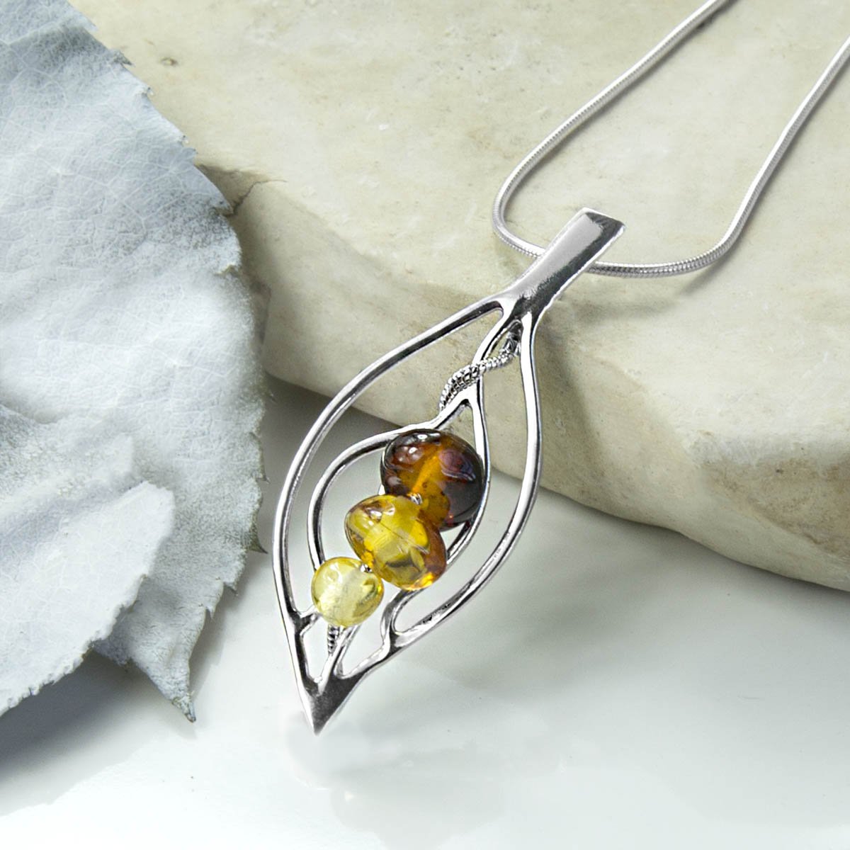 Sterling Silver Amber Leaf Necklace