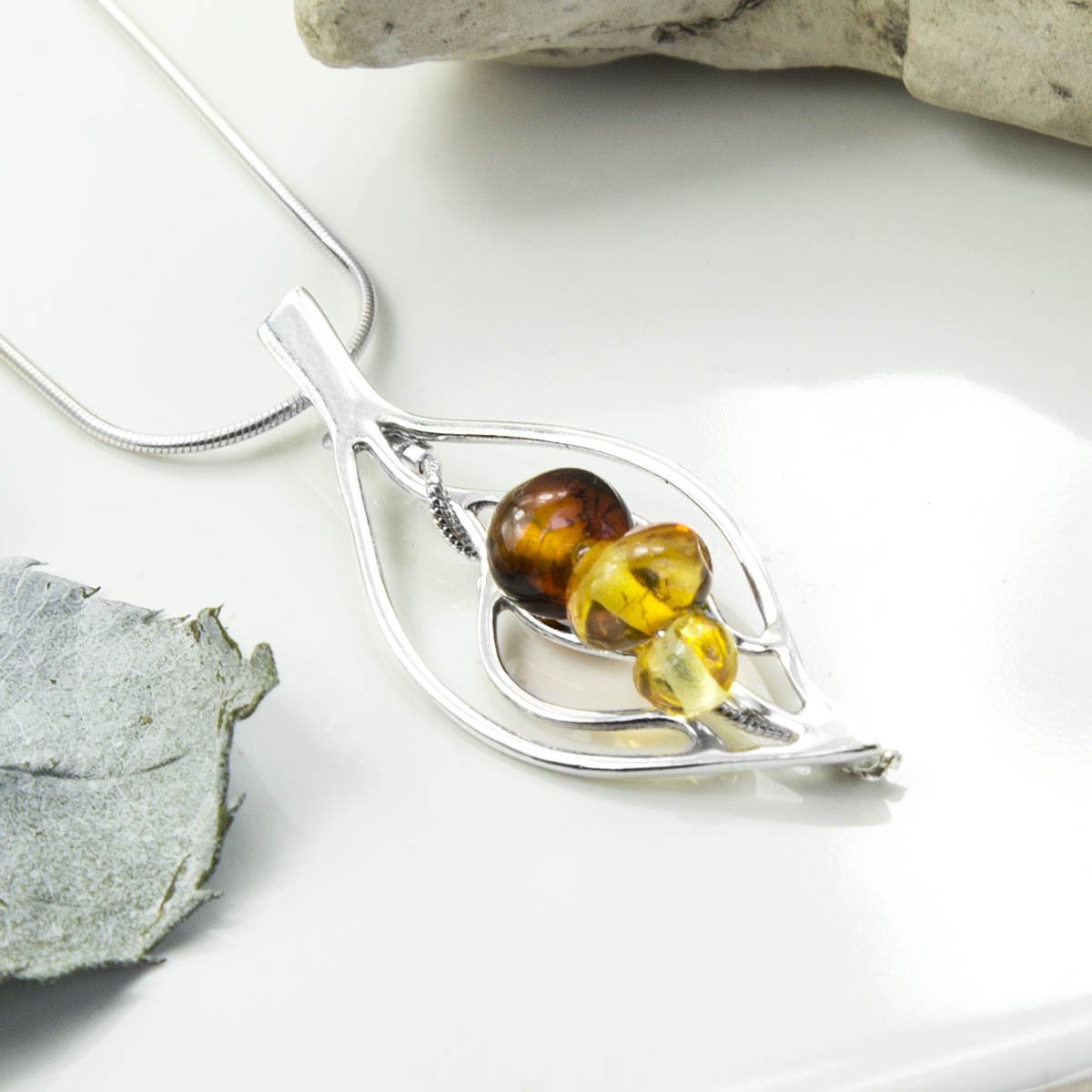 Sterling Silver Amber Leaf Necklace