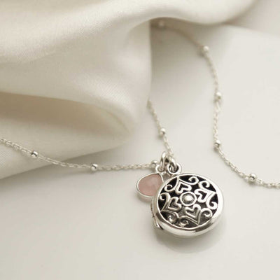 MR1109 STERLING SILVER VINTAGE ROUND LOCKET ROSE QUARTZ 1