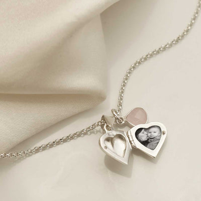 MC169 STERLING SILVER TINY HEART LOCKET NECKLACE ROSE QUARTZ PHOTO 1