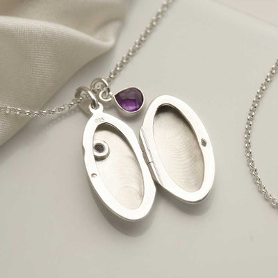 MC156 STERLING SILVER OVAL LOCKET NECKLACE WITH AMETHYST OPEN 3