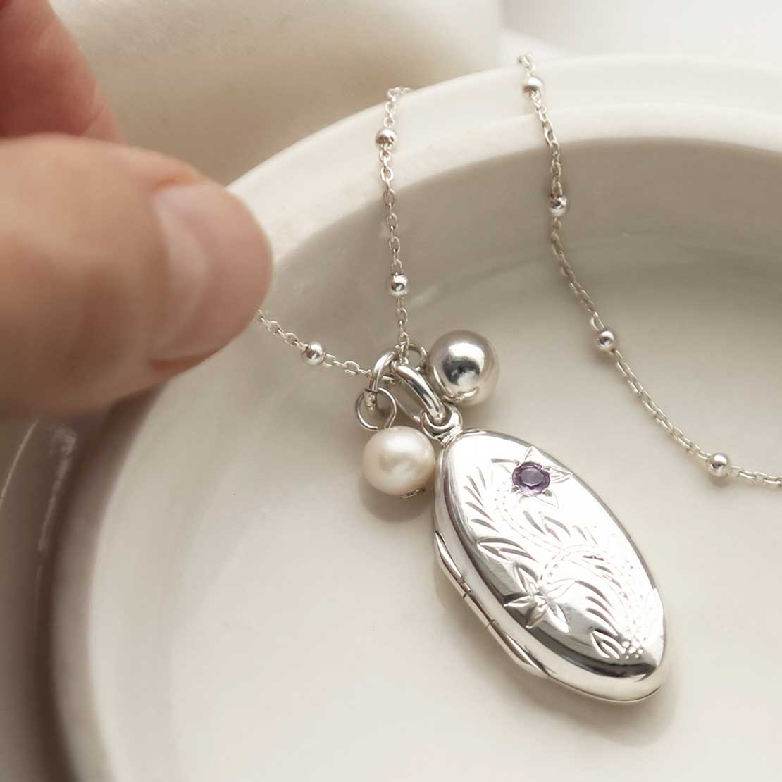 Sterling Silver Oval Locket with Amethyst