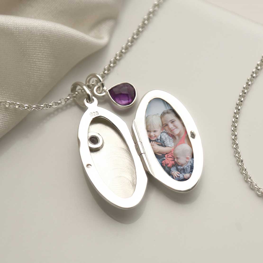 Sterling Silver Oval Locket with Amethyst