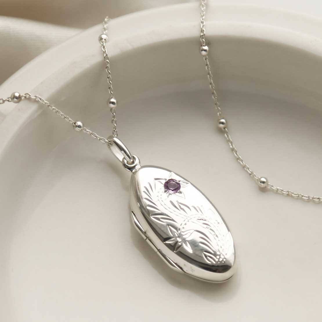 Sterling Silver Oval Locket with Amethyst