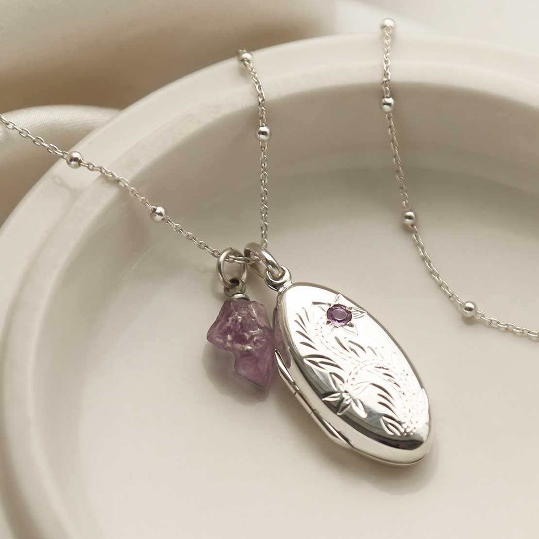 Sterling Silver Oval Locket with Amethyst