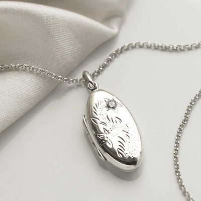 MC154 STERLING SILVER OVAL LOCKET NECKLACE ZIRCONIA 4