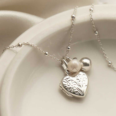 MC166 STERLING SILVER SWEET HEART LOCKET NECKLACE PEARL 1