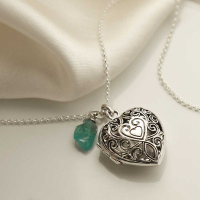MC151 STERLING SILVER VINTAGE HEART LOCKET NECKLACE APATITE 1