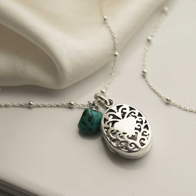 MC150 STERLING SILVER VINTAGE OVAL LOCKET NECKLACE TURQUOISE 1