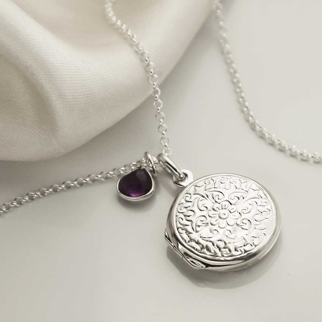 Sterling Silver Floral Round Locket Necklace