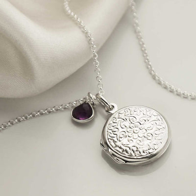 MC167 STERLING SILVER FLORAL ROUND LOCKET NECKLACE AMETHYST 2