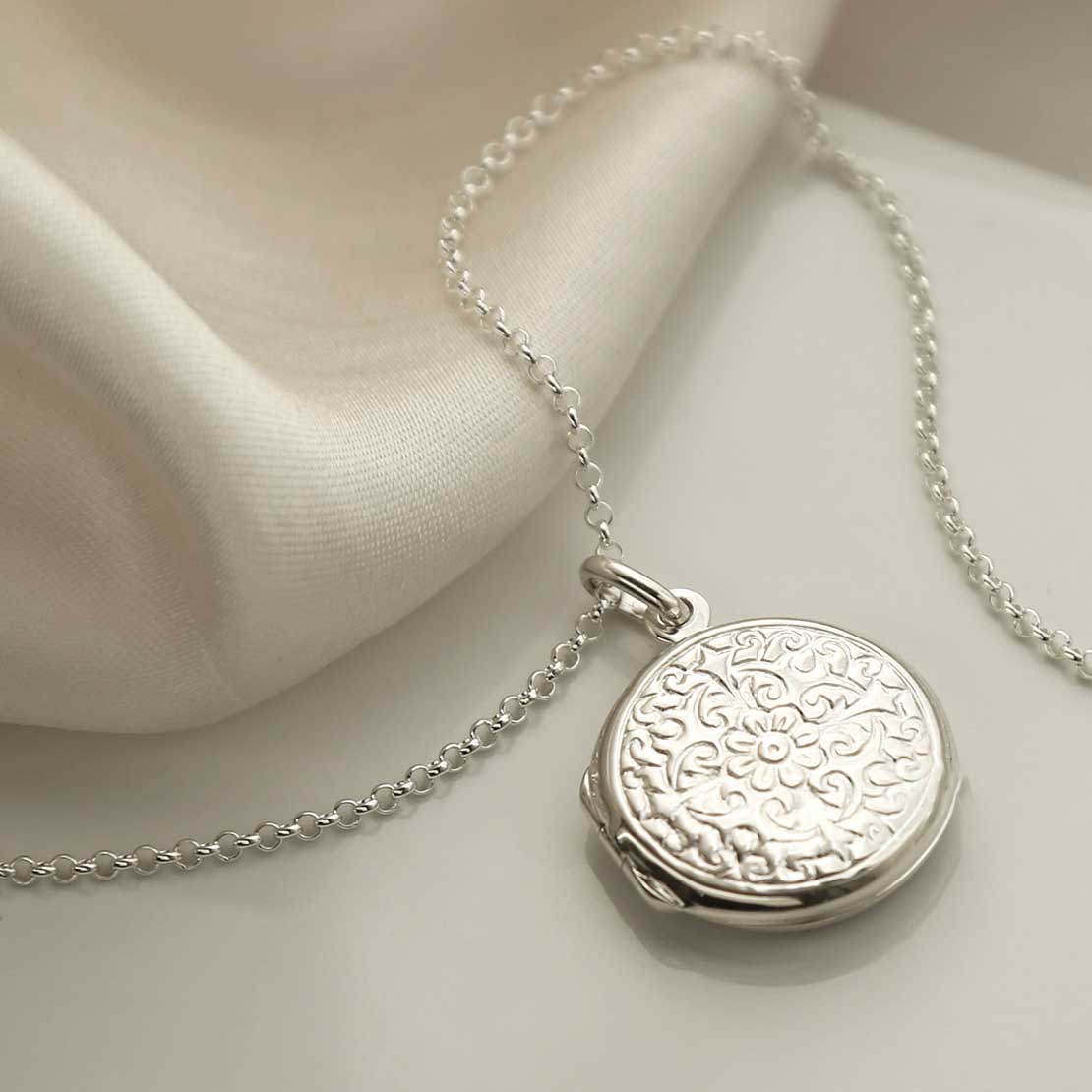 Sterling Silver Floral Round Locket Necklace