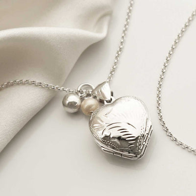 MC177 STERLING SILVER FOUR PIECE HEART LOCKET NECKLACE PEARL 1