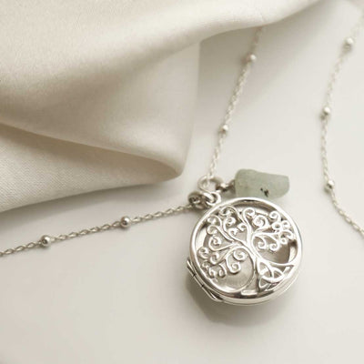 MC245  STERLING SILVER FILIGREE TREE LOCKET NECKLACE AQUAMARINE 2