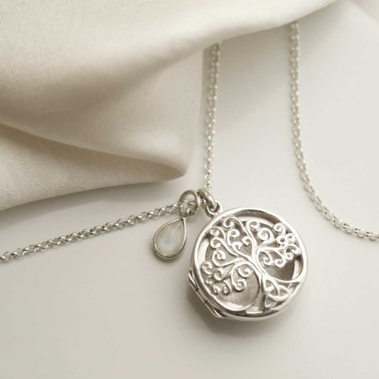 MC245  STERLING SILVER FILIGREE TREE LOCKET NECKLACE MOONSTONE 1