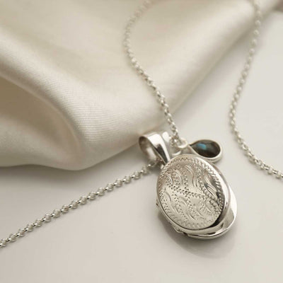 MR1106 ENGRAVABLE STERLING SILVER DECORATIVE OVAL LOCKET NECKLACE LABRADORITE 4