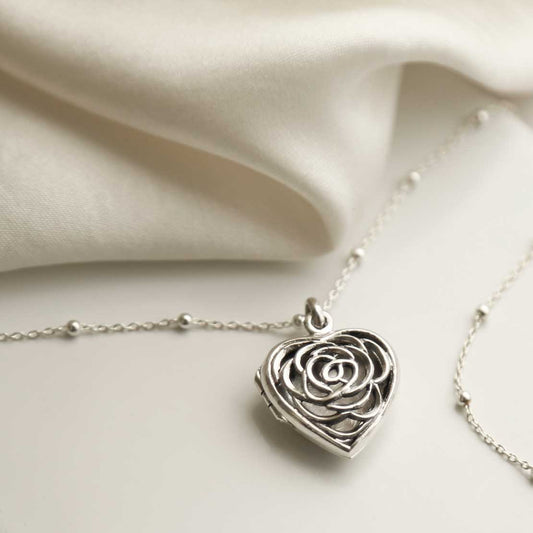 MR1103 ENGRAVABLE STERLING SILVER FILIGREE ROSE HEART LOCKET NECKLACE 1
