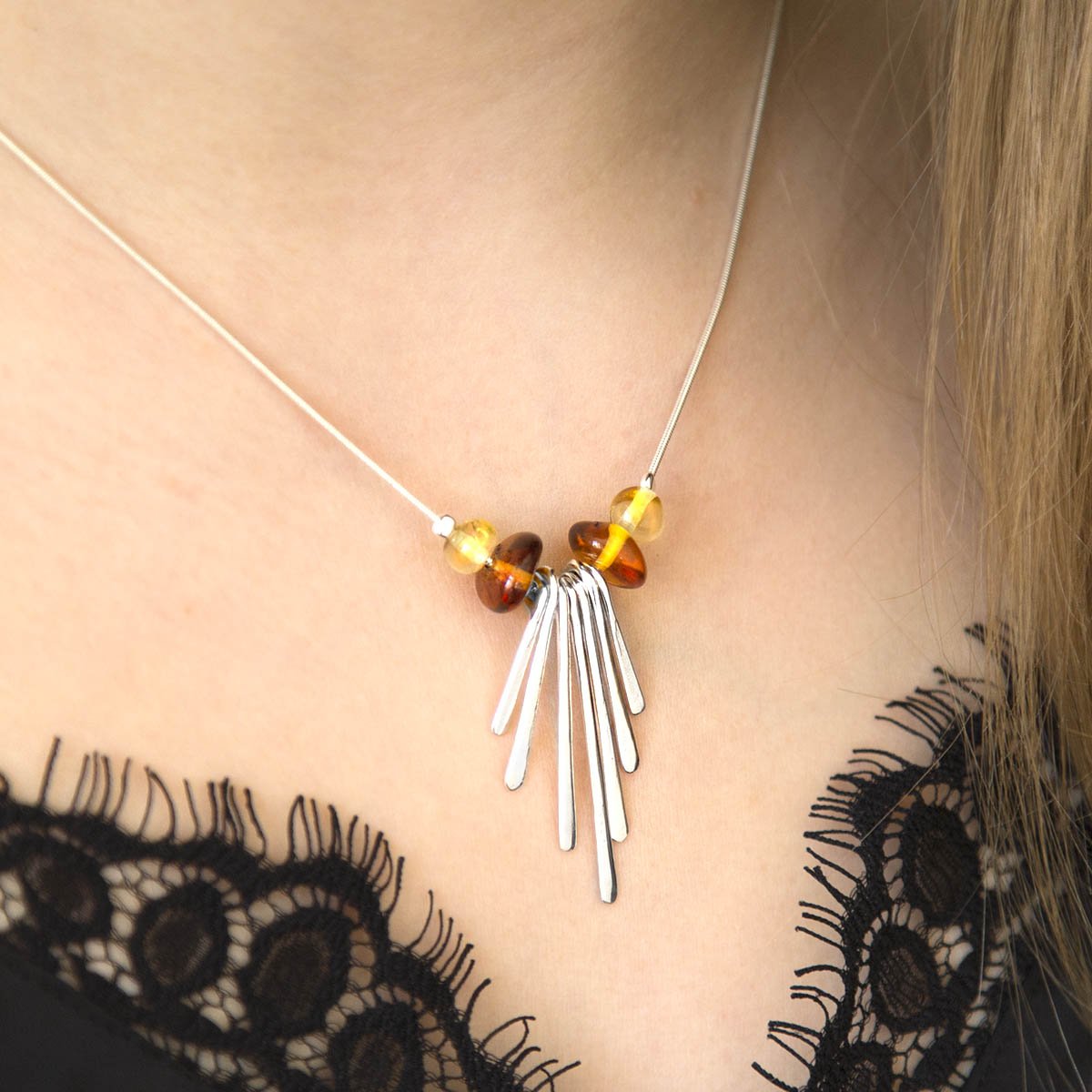 Sterling Silver Art Deco Amber Necklace