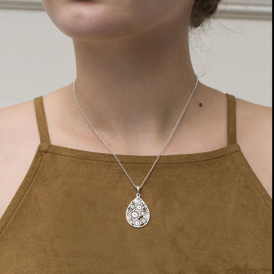 Sterling Silver Flower Teardrop Necklace