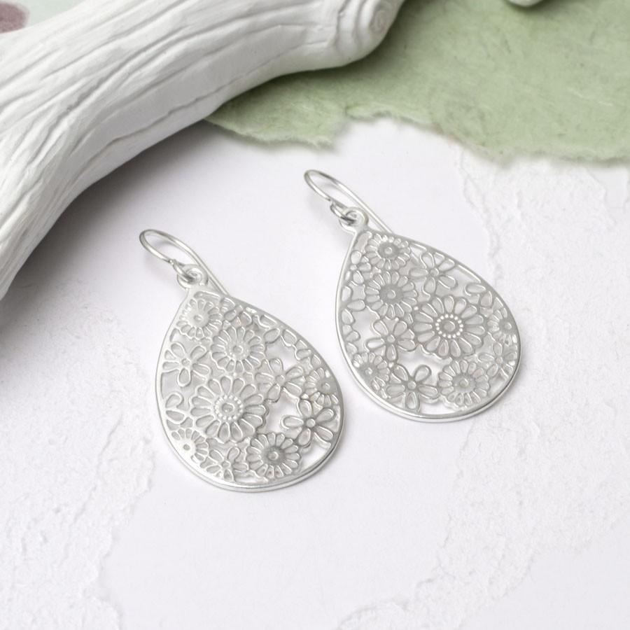Sterling Silver Flower Teardrop Earrings