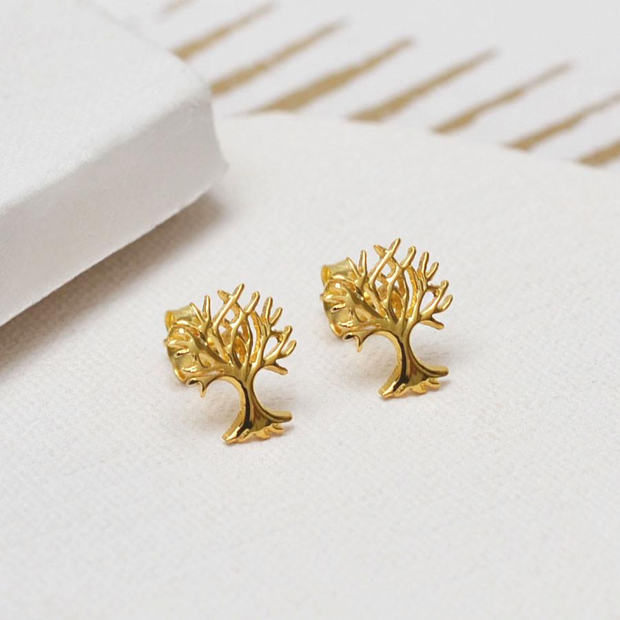 Gold Plated Sterling Silver Tree Stud Earrings
