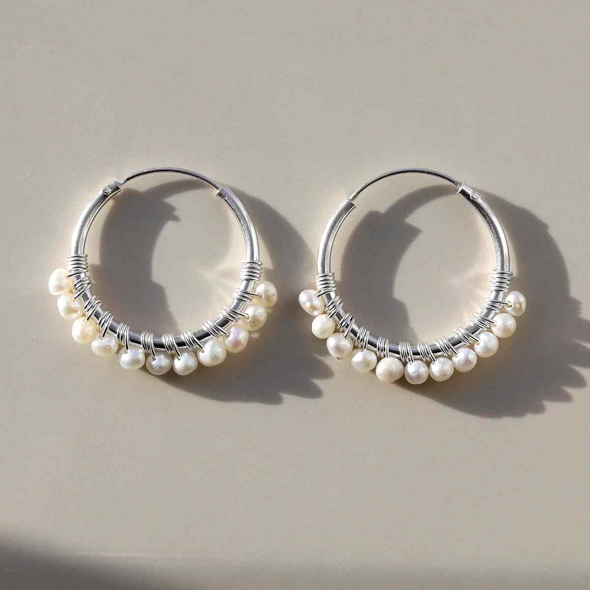 Sterling Silver Pearl Bead Hoop Earrings