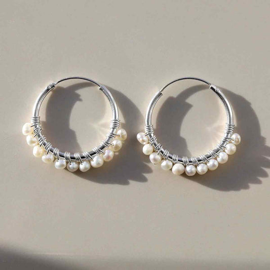 ML786 STERLING SILVER PEARL BEAD HOOP EARRINGS 1