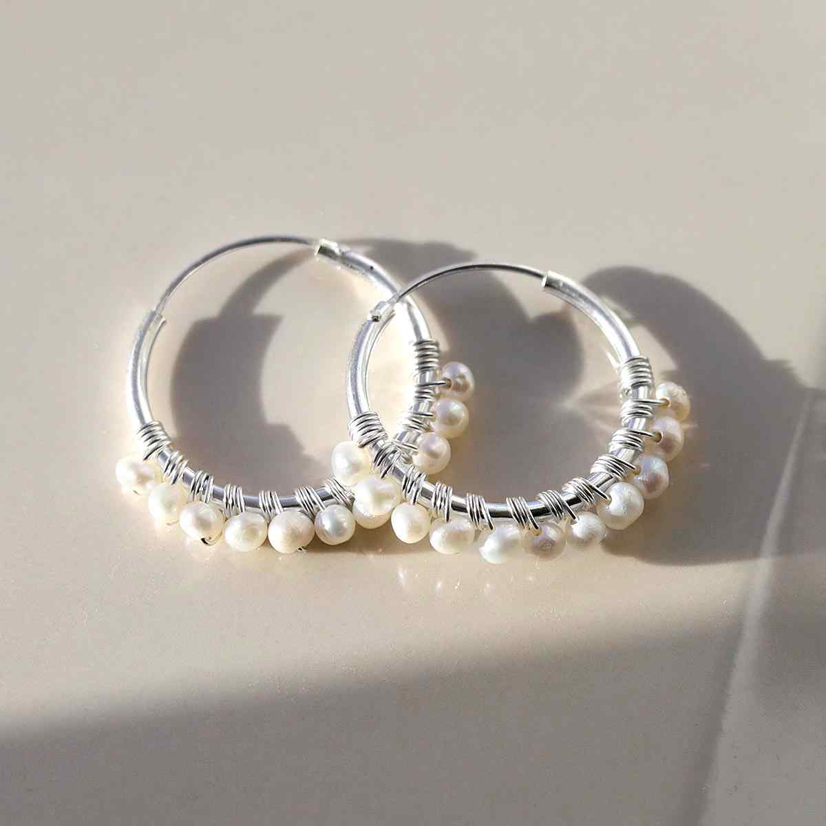 Sterling Silver Pearl Bead Hoop Earrings