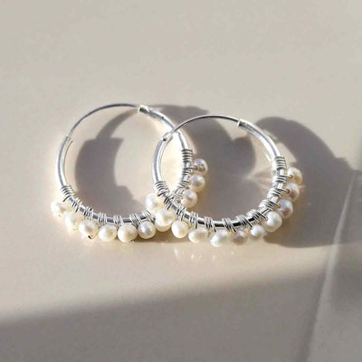 ML786 STERLING SILVER PEARL BEAD HOOP EARRINGS 2