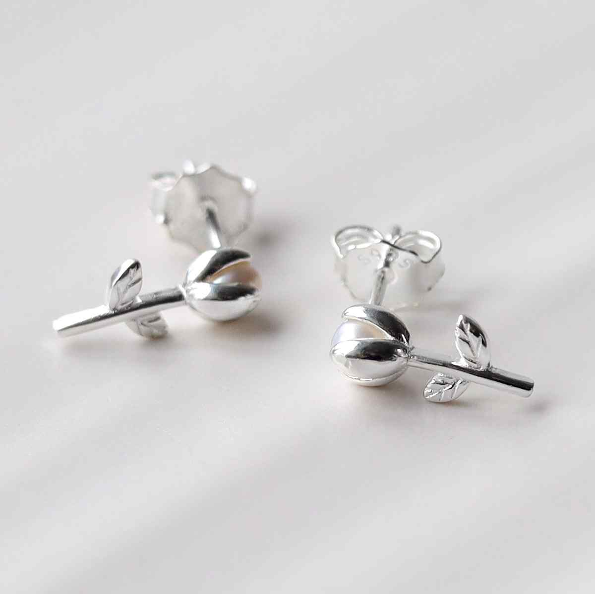 Sterling Silver Pearl Tulip Stud Earrings
