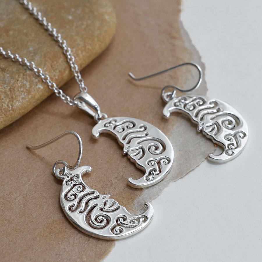 Sterling Silver Henna Moon Dangly Earrings