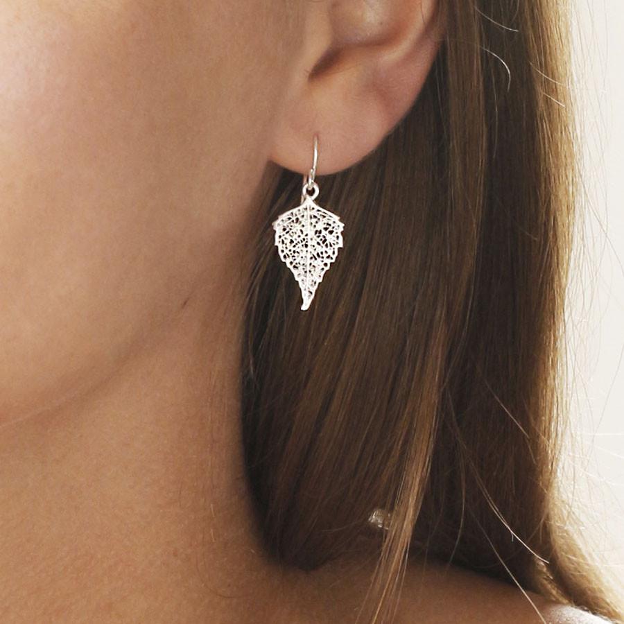 Sterling Silver Dangly Birch Leaf Earrings