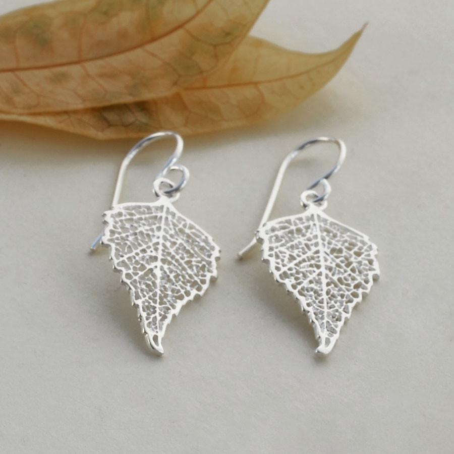 Sterling Silver Dangly Birch Leaf Earrings