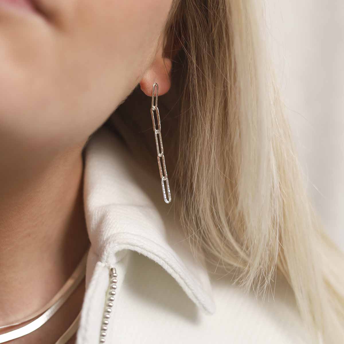 Sterling Silver Hammered Paperclip Stud Earrings