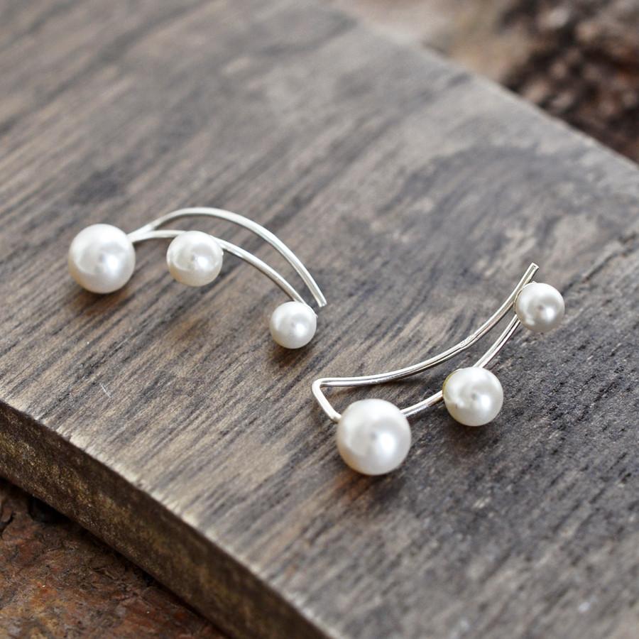 Sterling Silver Three Pearl Designer Stud Earrings