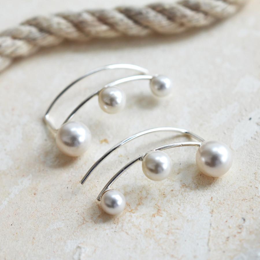 Sterling Silver Three Pearl Designer Stud Earrings