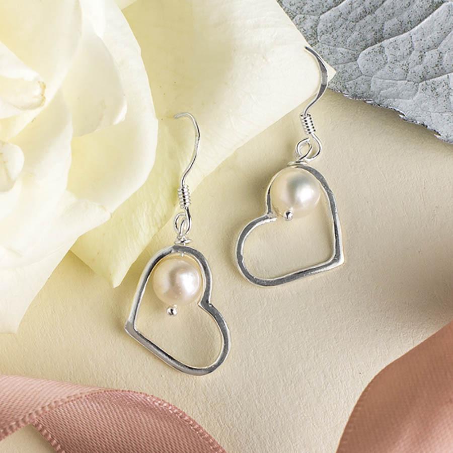 Sterling Silver Dangly Pearl Heart Earrings