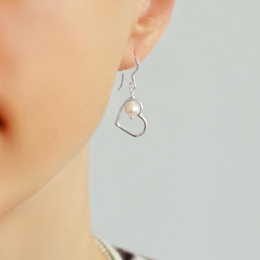 Sterling Silver Dangly Pearl Heart Earrings